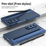 For-Samsung-Galaxy-Z-Fold7-5G-Case-Matte-Electroplated-Leather-+-PC-Phone-Cover-with-Screen-Film-/-Stylus-Blue