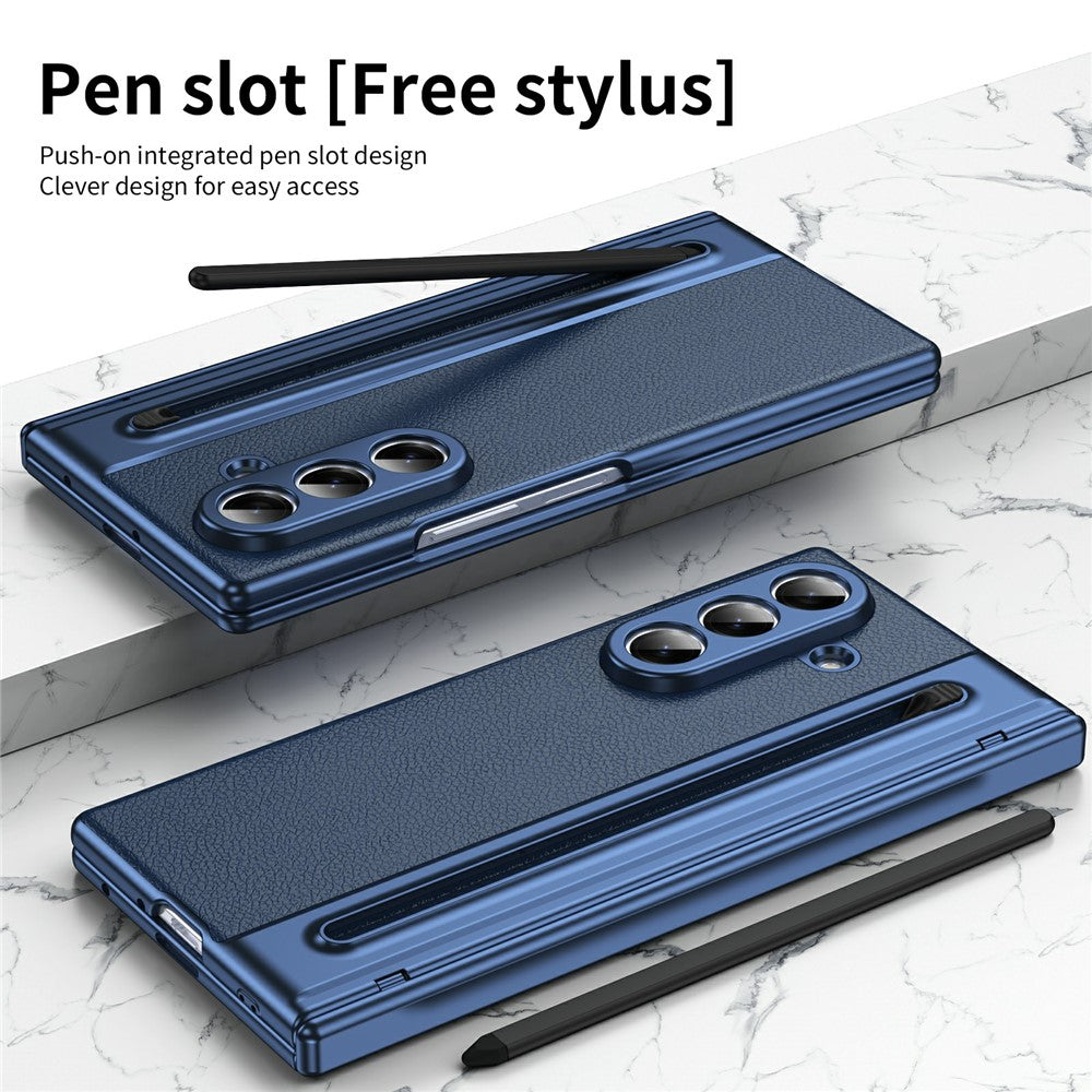 For-Samsung-Galaxy-Z-Fold7-5G-Case-Matte-Electroplated-Leather-+-PC-Phone-Cover-with-Screen-Film-/-Stylus-Blue