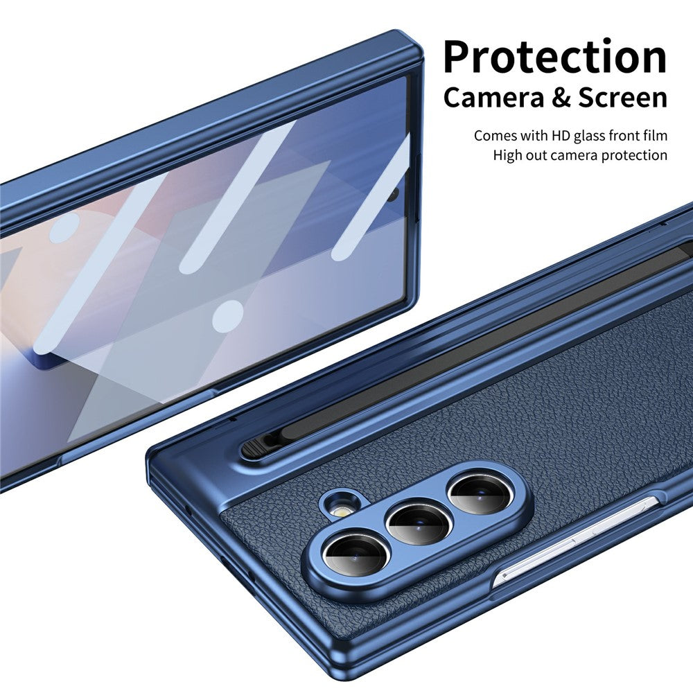For-Samsung-Galaxy-Z-Fold7-5G-Case-Matte-Electroplated-Leather-+-PC-Phone-Cover-with-Screen-Film-/-Stylus-Blue