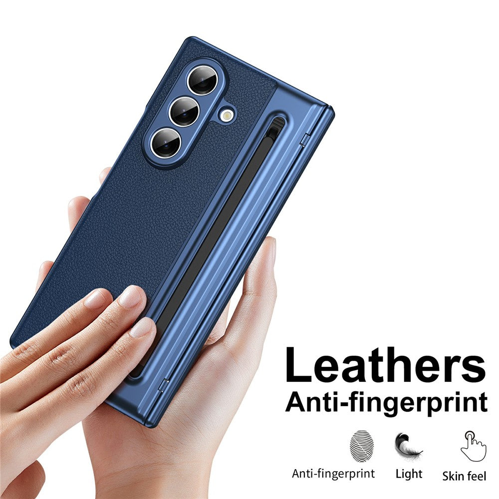 For-Samsung-Galaxy-Z-Fold7-5G-Case-Matte-Electroplated-Leather-+-PC-Phone-Cover-with-Screen-Film-/-Stylus-Blue