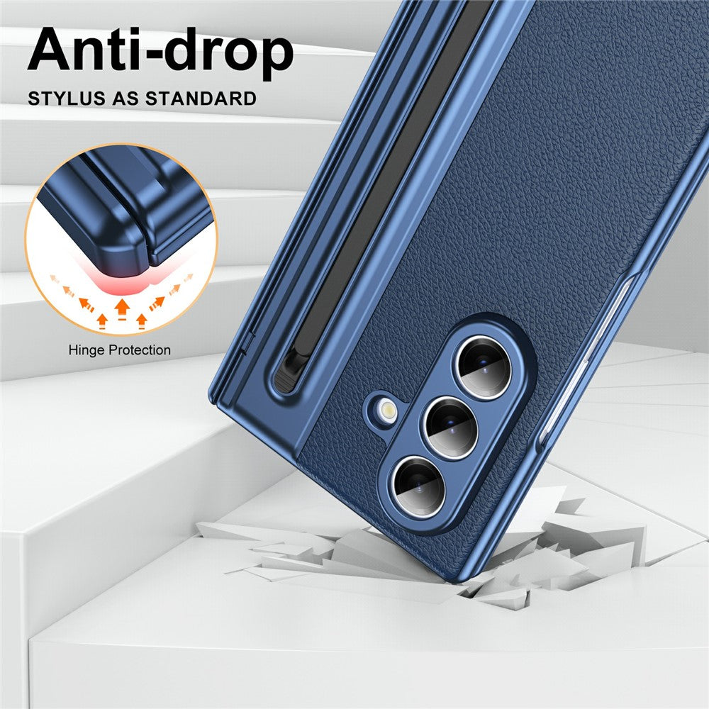 For-Samsung-Galaxy-Z-Fold7-5G-Case-Matte-Electroplated-Leather-+-PC-Phone-Cover-with-Screen-Film-/-Stylus-Blue
