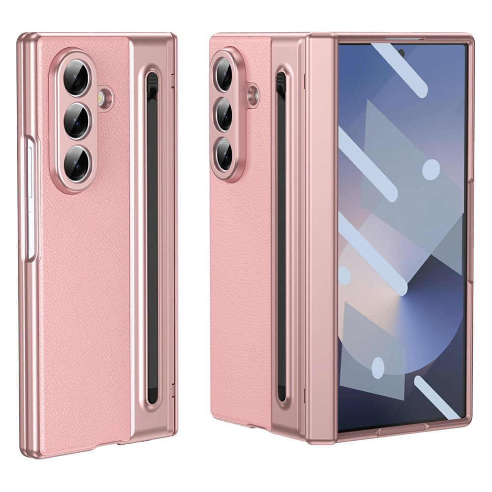 For-Samsung-Galaxy-Z-Fold7-5G-Case-Matte-Electroplated-Leather-+-PC-Phone-Cover-with-Screen-Film-/-Stylus-Pink