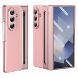 For-Samsung-Galaxy-Z-Fold7-5G-Case-Matte-Electroplated-Leather-+-PC-Phone-Cover-with-Screen-Film-/-Stylus-Pink