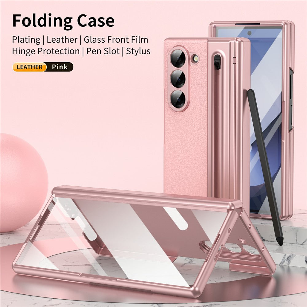 For-Samsung-Galaxy-Z-Fold7-5G-Case-Matte-Electroplated-Leather-+-PC-Phone-Cover-with-Screen-Film-/-Stylus-Pink