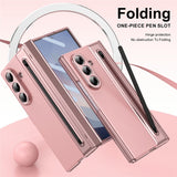 For-Samsung-Galaxy-Z-Fold7-5G-Case-Matte-Electroplated-Leather-+-PC-Phone-Cover-with-Screen-Film-/-Stylus-Pink