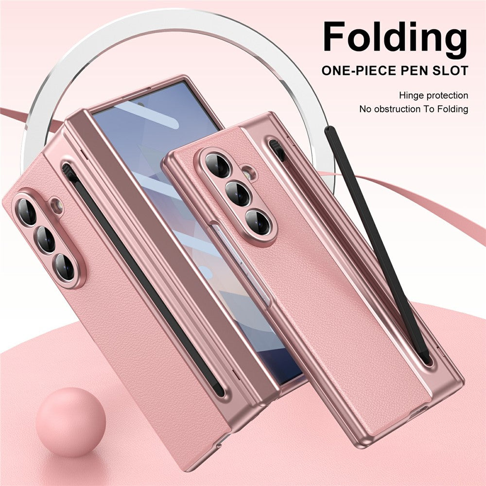 For-Samsung-Galaxy-Z-Fold7-5G-Case-Matte-Electroplated-Leather-+-PC-Phone-Cover-with-Screen-Film-/-Stylus-Pink