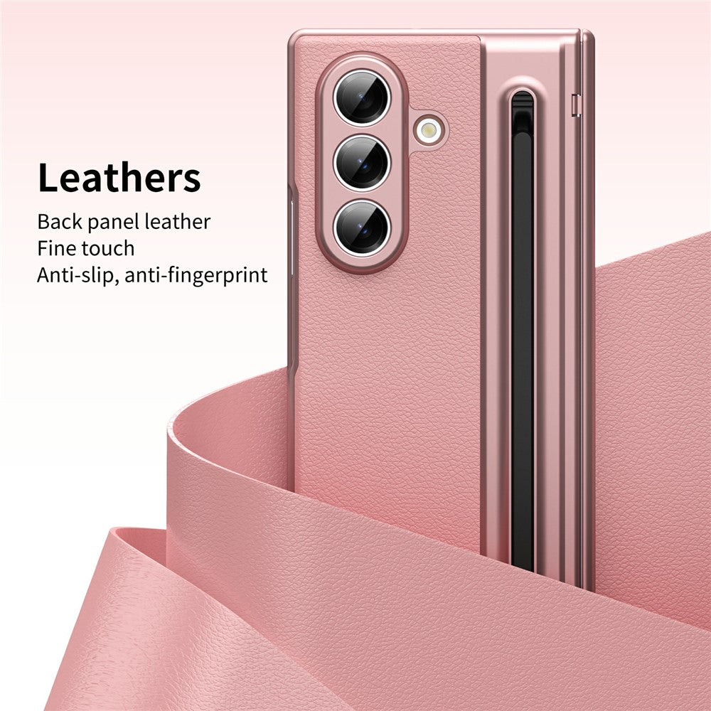 For-Samsung-Galaxy-Z-Fold7-5G-Case-Matte-Electroplated-Leather-+-PC-Phone-Cover-with-Screen-Film-/-Stylus-Pink