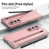 For-Samsung-Galaxy-Z-Fold7-5G-Case-Matte-Electroplated-Leather-+-PC-Phone-Cover-with-Screen-Film-/-Stylus-Pink