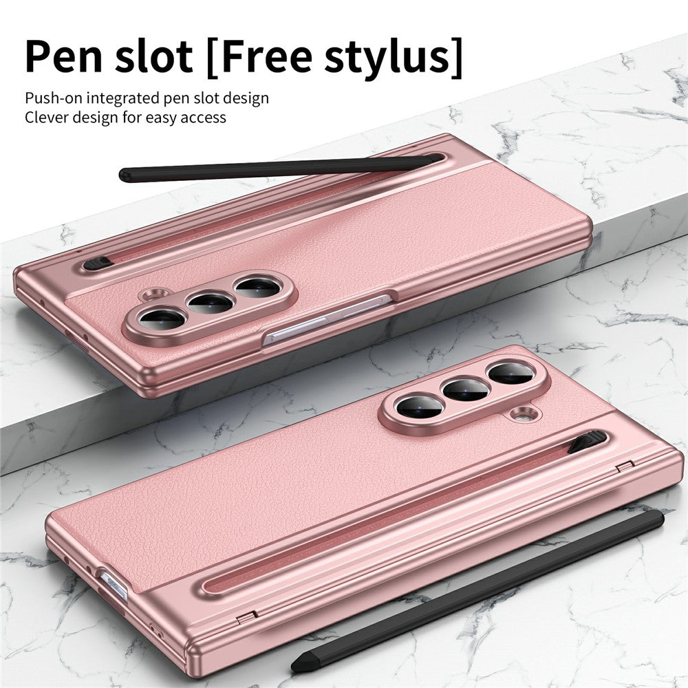 For-Samsung-Galaxy-Z-Fold7-5G-Case-Matte-Electroplated-Leather-+-PC-Phone-Cover-with-Screen-Film-/-Stylus-Pink