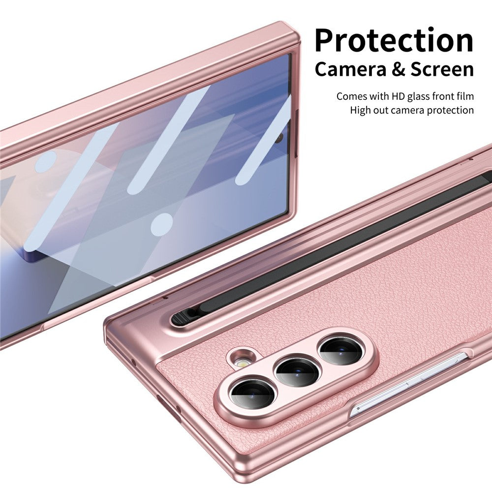 For-Samsung-Galaxy-Z-Fold7-5G-Case-Matte-Electroplated-Leather-+-PC-Phone-Cover-with-Screen-Film-/-Stylus-Pink