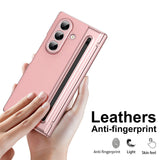 For-Samsung-Galaxy-Z-Fold7-5G-Case-Matte-Electroplated-Leather-+-PC-Phone-Cover-with-Screen-Film-/-Stylus-Pink