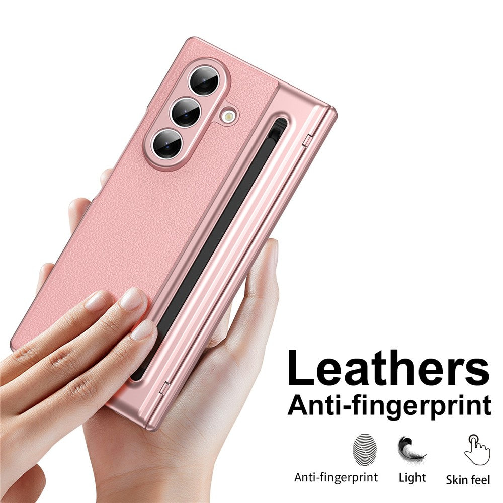 For-Samsung-Galaxy-Z-Fold7-5G-Case-Matte-Electroplated-Leather-+-PC-Phone-Cover-with-Screen-Film-/-Stylus-Pink