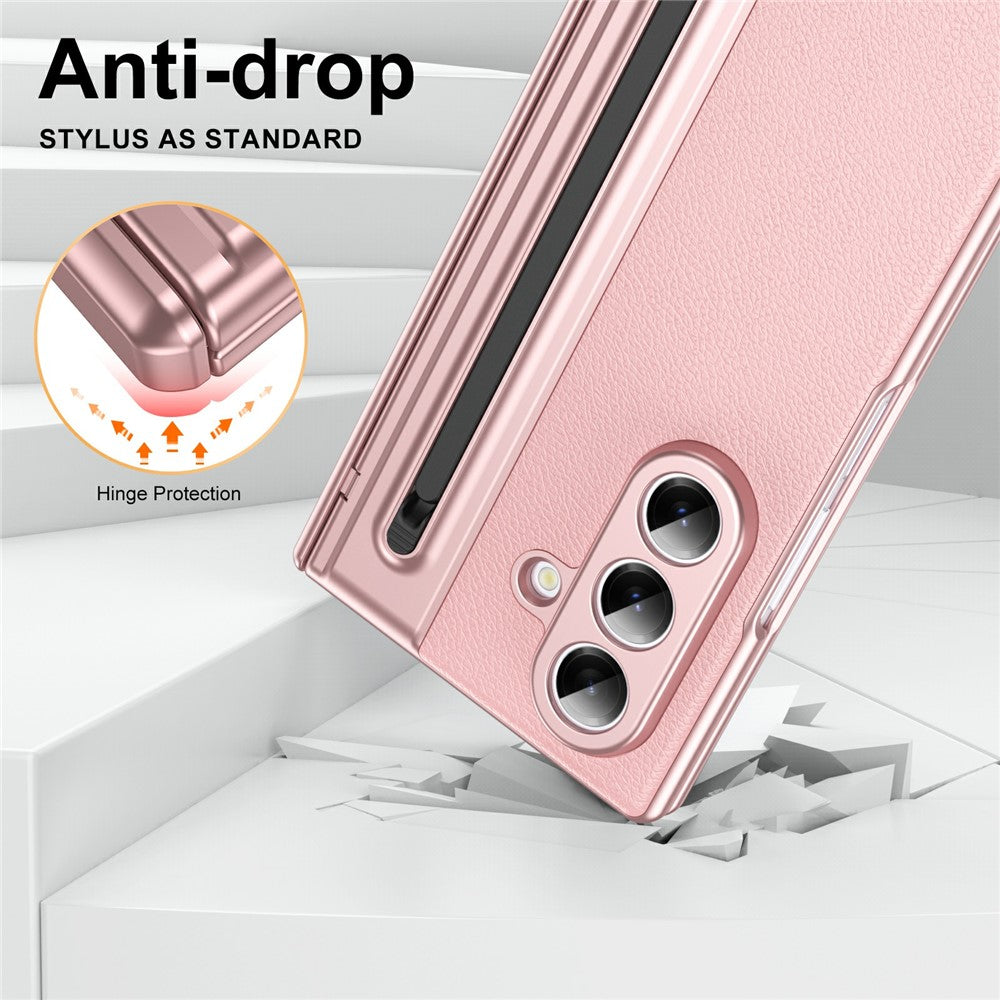 For-Samsung-Galaxy-Z-Fold7-5G-Case-Matte-Electroplated-Leather-+-PC-Phone-Cover-with-Screen-Film-/-Stylus-Pink