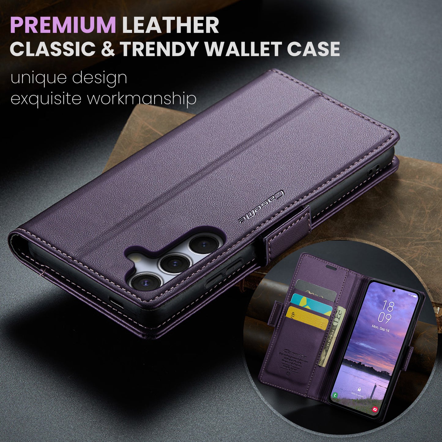 For-Samsung-Galaxy-S25-FE-Case-CASEME-023-Series-RFID-Blocking-Glossy-Stand-Phone-Cover-Purple