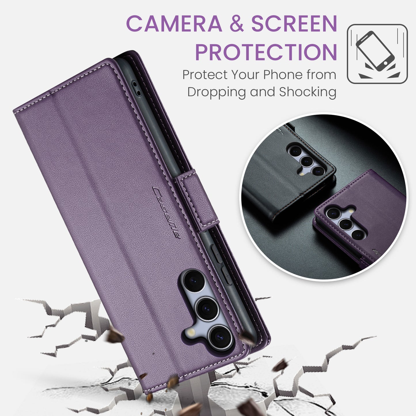 For-Samsung-Galaxy-S25-FE-Case-CASEME-023-Series-RFID-Blocking-Glossy-Stand-Phone-Cover-Purple