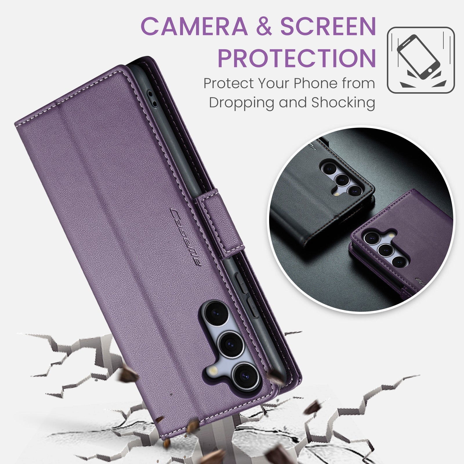 For-Samsung-Galaxy-S25-FE-Case-CASEME-023-Series-RFID-Blocking-Glossy-Stand-Phone-Cover-Purple