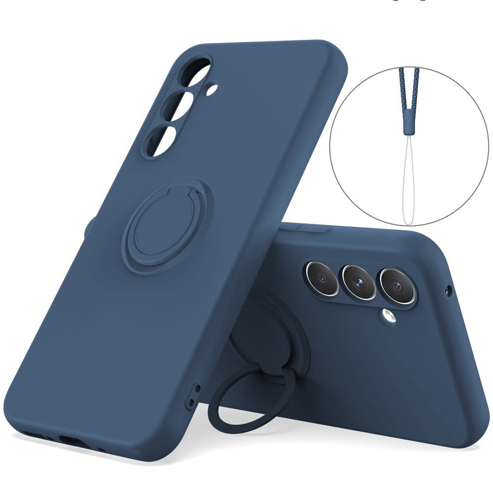 For-Samsung-Galaxy-S25-FE-Silicone-Case-with-Strap-Ring-Kickstand-Phone-Cover-Midnight-Blue