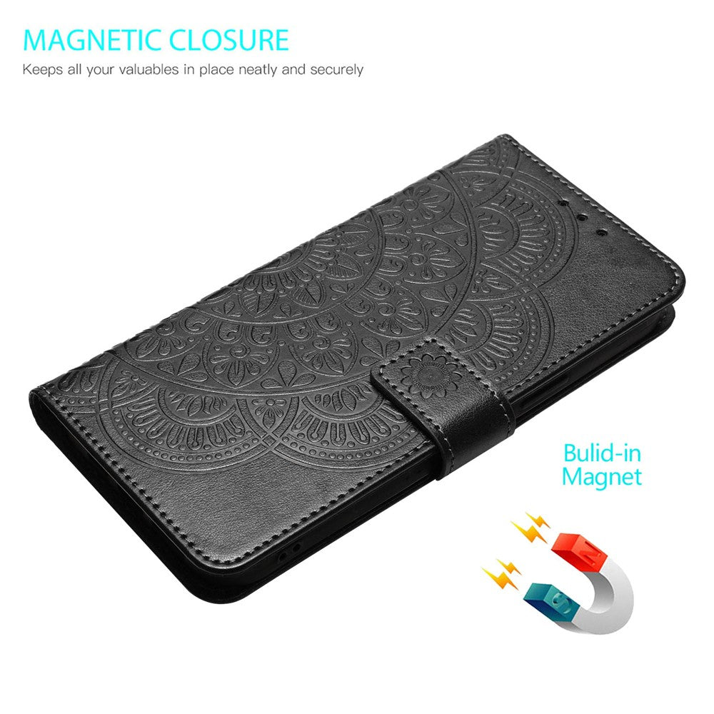 For-Xiaomi-Redmi-15C-5G-(EU)-(173mm)-/-15C-4G-(EU)-(173mm)-Leather-Case-with-Card-Slots-Mandala-Pattern-Phone-Cover-Stand-Black