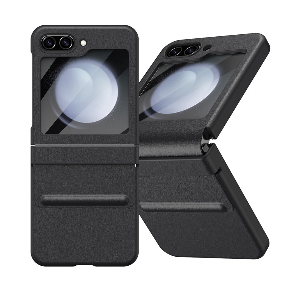 For-Samsung-Galaxy-Z-Flip7-FE-5G-/-Flip6-5G-Case-Hinge-Leather-+-PC-Phone-Cover-with-Tempered-Glass-Film-Black