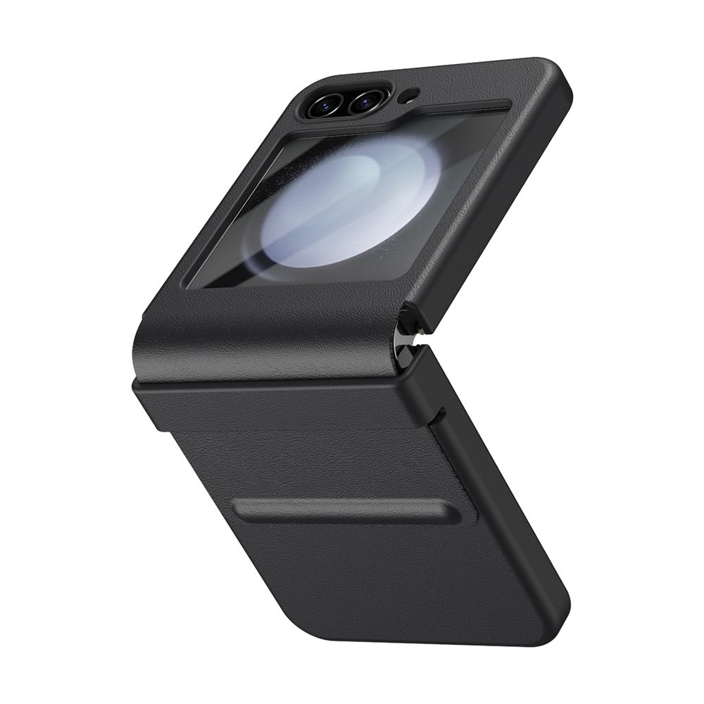 For-Samsung-Galaxy-Z-Flip7-FE-5G-/-Flip6-5G-Case-Hinge-Leather-+-PC-Phone-Cover-with-Tempered-Glass-Film-Black