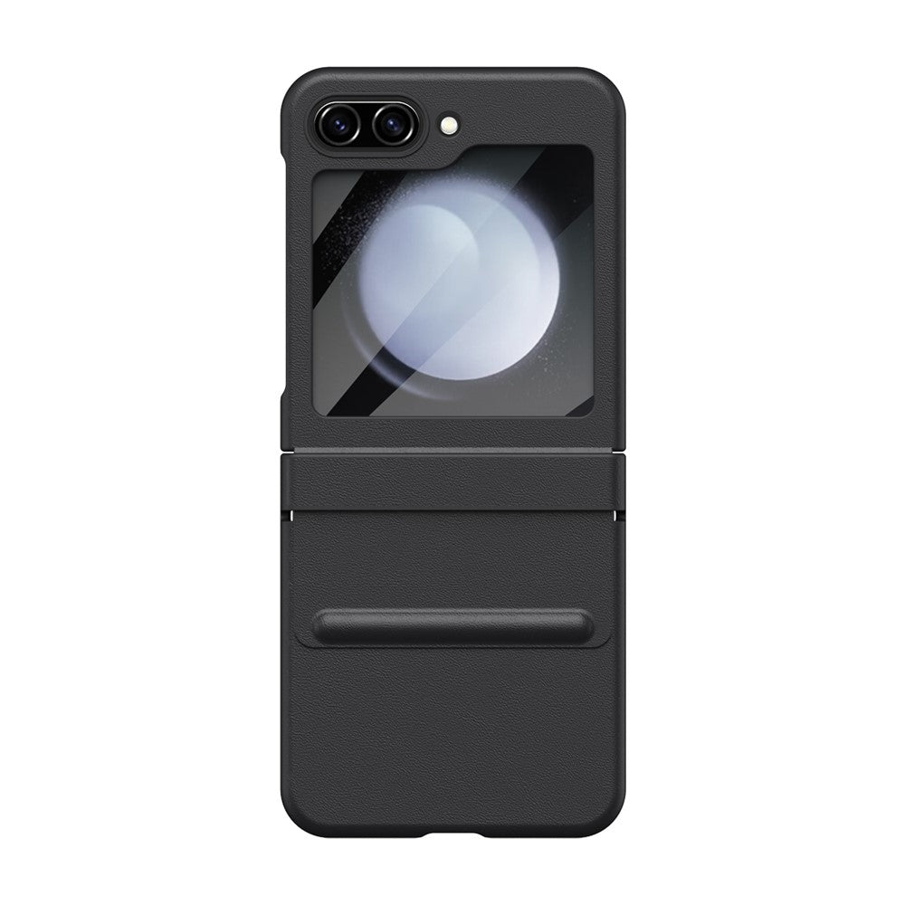 For-Samsung-Galaxy-Z-Flip7-FE-5G-/-Flip6-5G-Case-Hinge-Leather-+-PC-Phone-Cover-with-Tempered-Glass-Film-Black