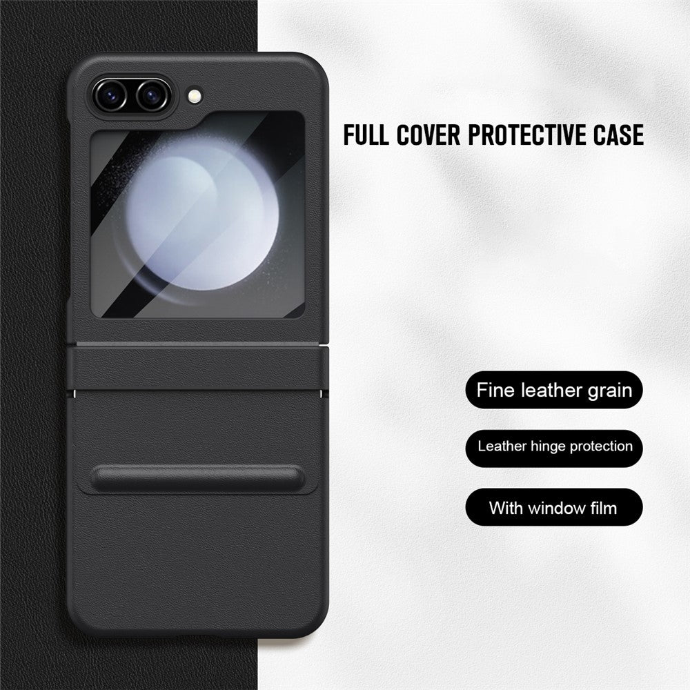 For-Samsung-Galaxy-Z-Flip7-FE-5G-/-Flip6-5G-Case-Hinge-Leather-+-PC-Phone-Cover-with-Tempered-Glass-Film-Black