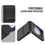 For-Samsung-Galaxy-Z-Flip7-FE-5G-/-Flip6-5G-Case-Hinge-Leather-+-PC-Phone-Cover-with-Tempered-Glass-Film-Black