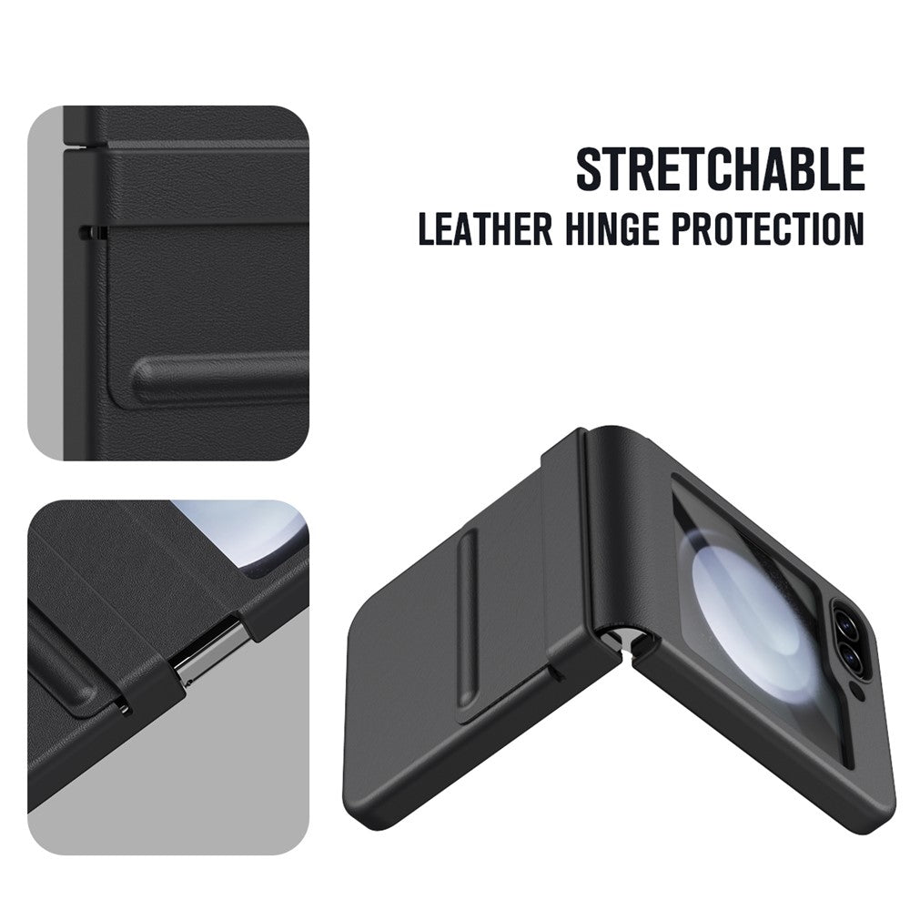 For-Samsung-Galaxy-Z-Flip7-FE-5G-/-Flip6-5G-Case-Hinge-Leather-+-PC-Phone-Cover-with-Tempered-Glass-Film-Black
