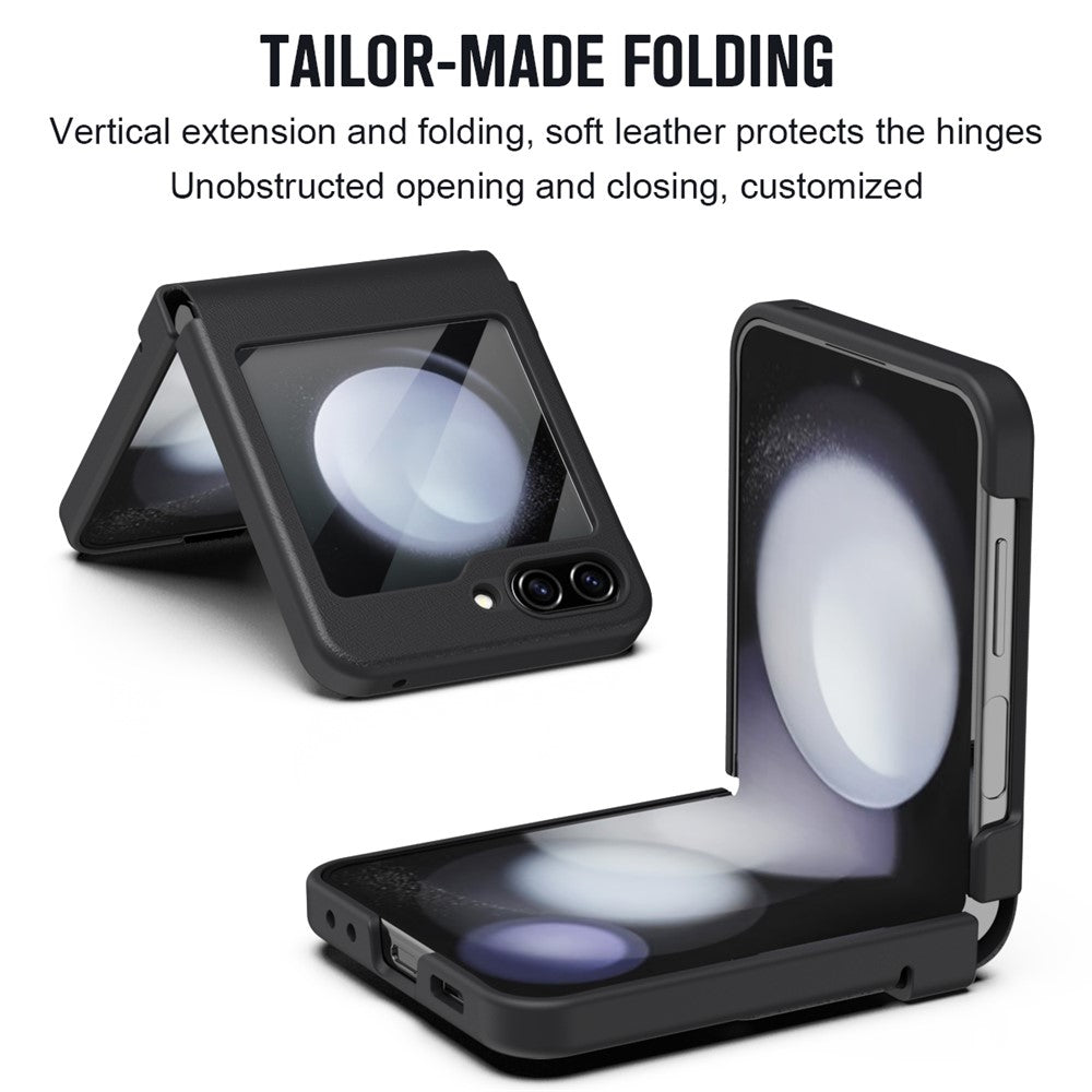 For-Samsung-Galaxy-Z-Flip7-FE-5G-/-Flip6-5G-Case-Hinge-Leather-+-PC-Phone-Cover-with-Tempered-Glass-Film-Black