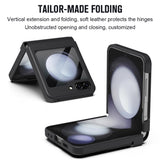 For-Samsung-Galaxy-Z-Flip7-FE-5G-/-Flip6-5G-Case-Hinge-Leather-+-PC-Phone-Cover-with-Tempered-Glass-Film-Black