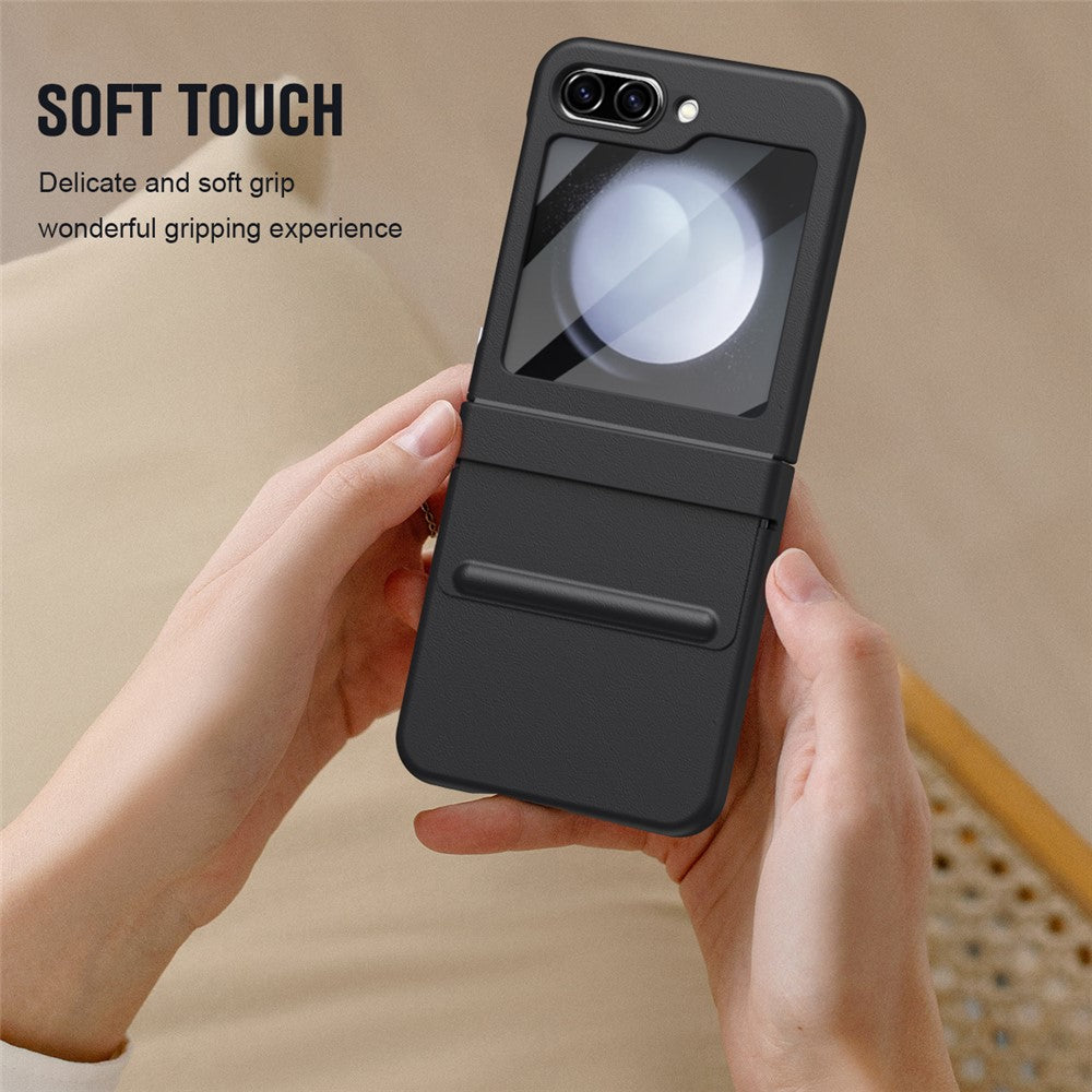 For-Samsung-Galaxy-Z-Flip7-FE-5G-/-Flip6-5G-Case-Hinge-Leather-+-PC-Phone-Cover-with-Tempered-Glass-Film-Black