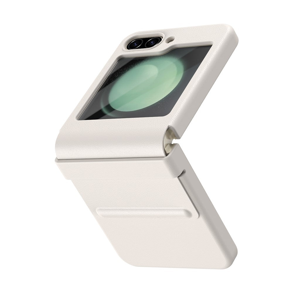 For-Samsung-Galaxy-Z-Flip7-FE-5G-/-Flip6-5G-Case-Hinge-Leather-+-PC-Phone-Cover-with-Tempered-Glass-Film-White