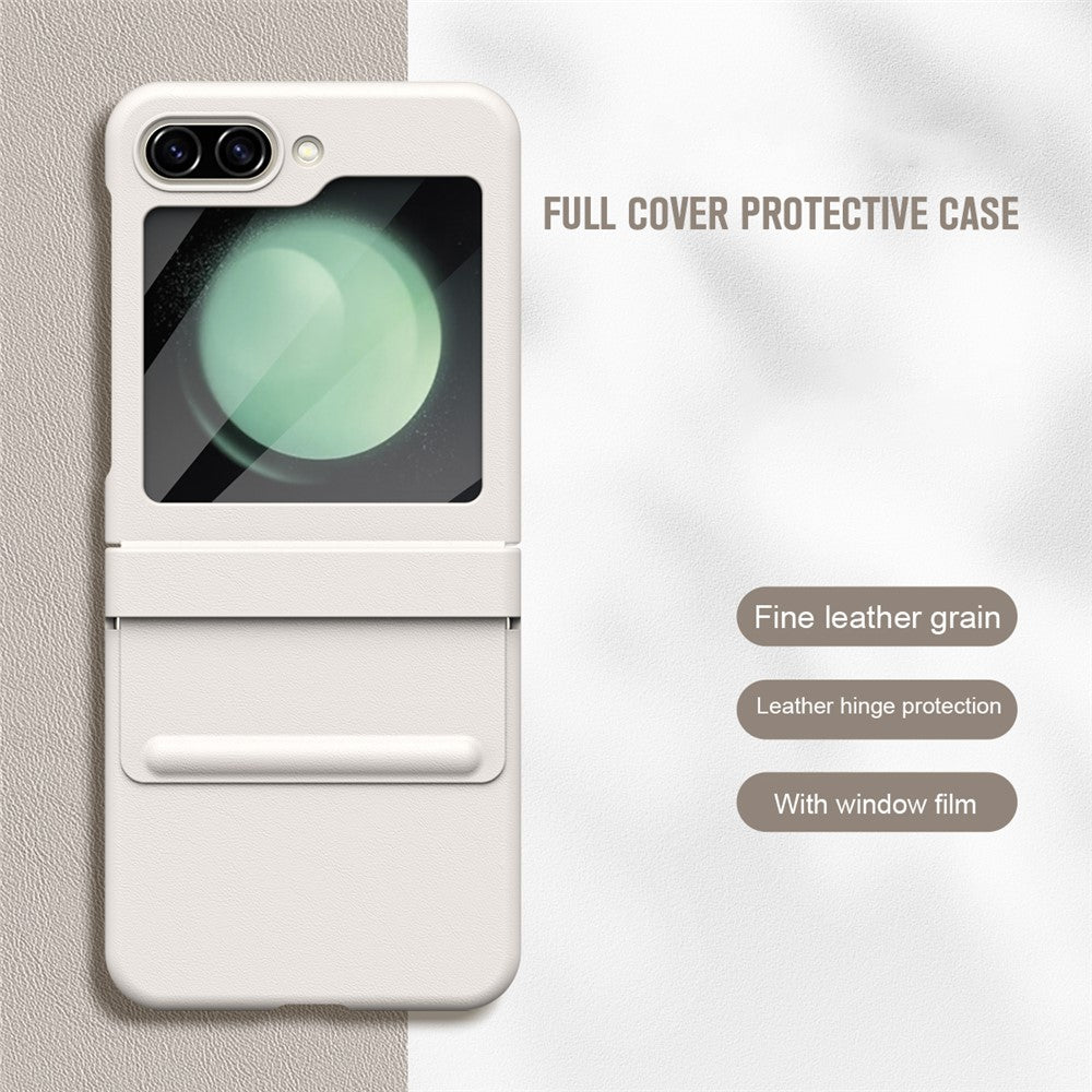 For-Samsung-Galaxy-Z-Flip7-FE-5G-/-Flip6-5G-Case-Hinge-Leather-+-PC-Phone-Cover-with-Tempered-Glass-Film-White