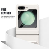 For-Samsung-Galaxy-Z-Flip7-FE-5G-/-Flip6-5G-Case-Hinge-Leather-+-PC-Phone-Cover-with-Tempered-Glass-Film-White