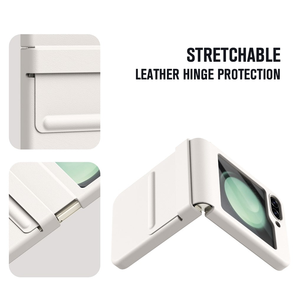 For-Samsung-Galaxy-Z-Flip7-FE-5G-/-Flip6-5G-Case-Hinge-Leather-+-PC-Phone-Cover-with-Tempered-Glass-Film-White