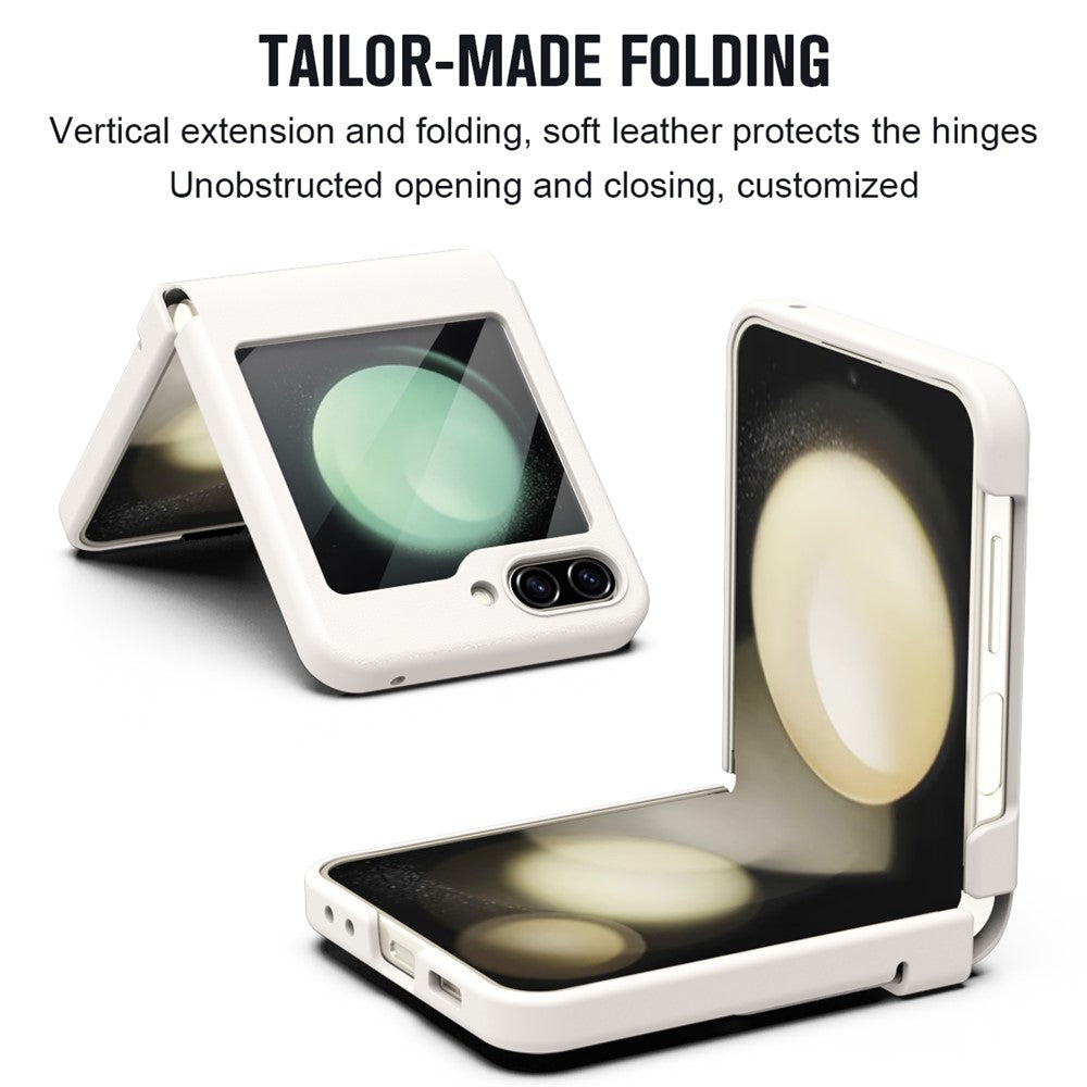 For-Samsung-Galaxy-Z-Flip7-FE-5G-/-Flip6-5G-Case-Hinge-Leather-+-PC-Phone-Cover-with-Tempered-Glass-Film-White