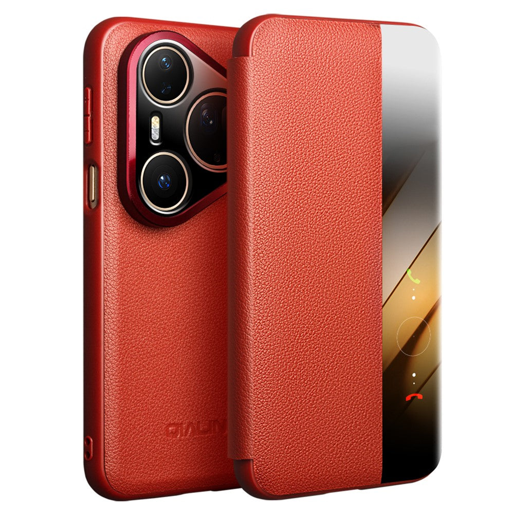 QIALINO-For-Huawei-Pura-80-Ultra-Case-Window-View-Auto-Wake-/-Sleep-Genuine-Cow-Leather-Flip-Phone-Cover-Red