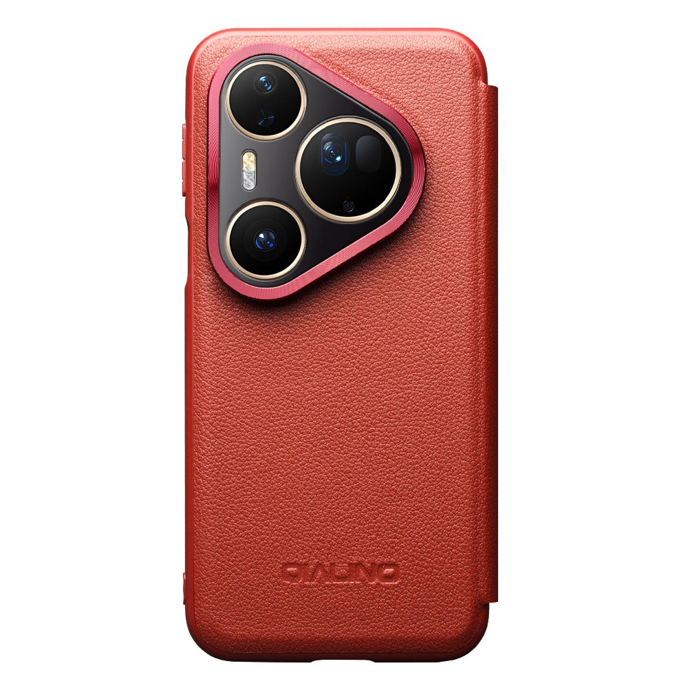 QIALINO-For-Huawei-Pura-80-Ultra-Case-Window-View-Auto-Wake-/-Sleep-Genuine-Cow-Leather-Flip-Phone-Cover-Red