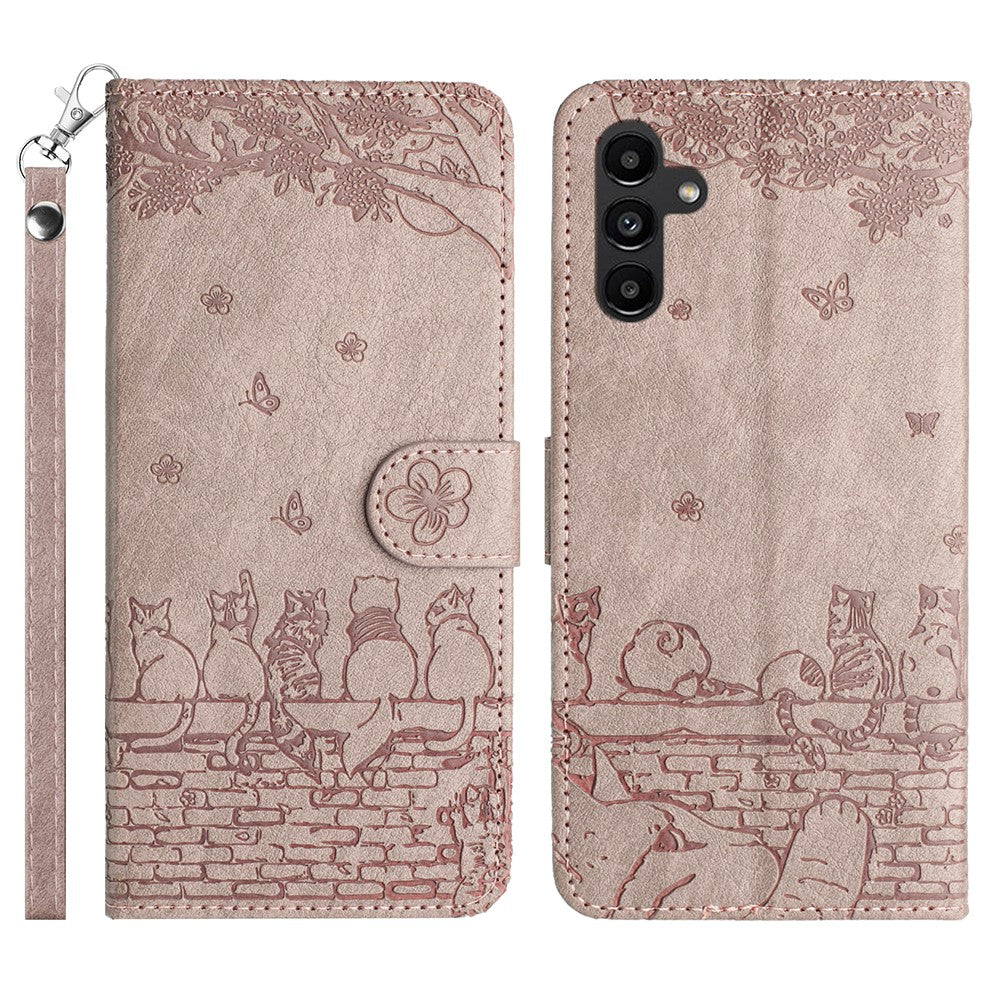 For-Samsung-Galaxy-S25-FE-Case-with-Wrist-Strap-Leather-Phone-Cover-Wall-Cats-Pattern-Smoky-Purple