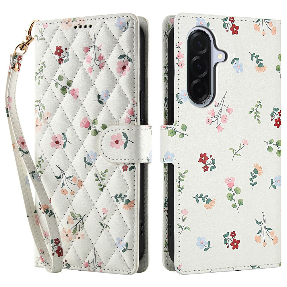 For-Samsung-Galaxy-A17-5G-/-A17-4G-/-A26-5G-Wallet-Case-Rhombic-Floral-Design-Leather-Flip-Phone-Cover-with-Strap-A1