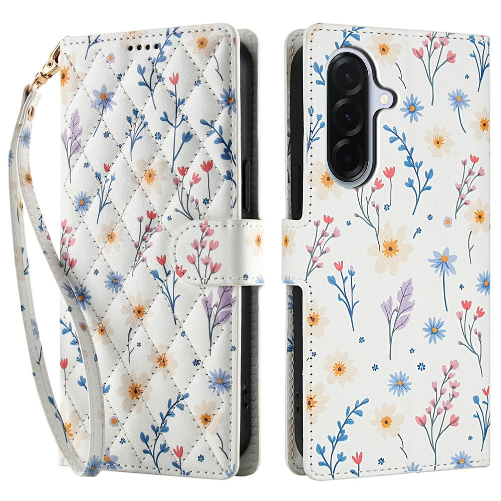 For-Samsung-Galaxy-A17-5G-/-A17-4G-/-A26-5G-Wallet-Case-Rhombic-Floral-Design-Leather-Flip-Phone-Cover-with-Strap-A2