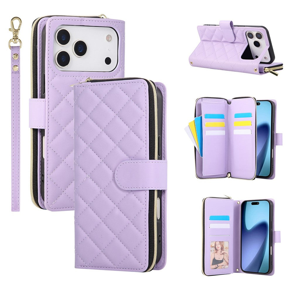 For-iPhone-17-Pro-Case-Zipper-Wallet-Rhombus-PU-Leather-Crossbody-Phone-Cover-Purple
