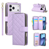 For-iPhone-17-Pro-Case-Zipper-Wallet-Rhombus-PU-Leather-Crossbody-Phone-Cover-Purple