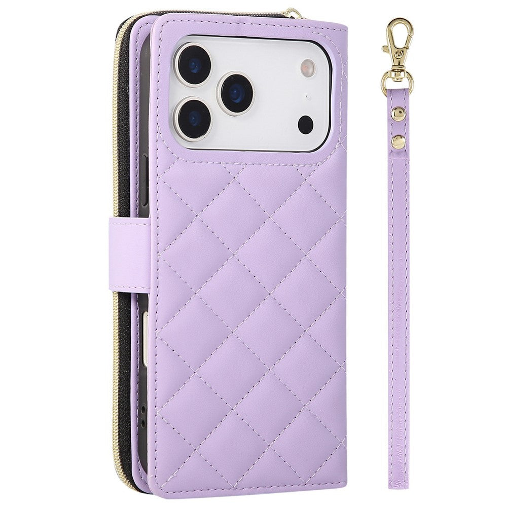 For-iPhone-17-Pro-Case-Zipper-Wallet-Rhombus-PU-Leather-Crossbody-Phone-Cover-Purple