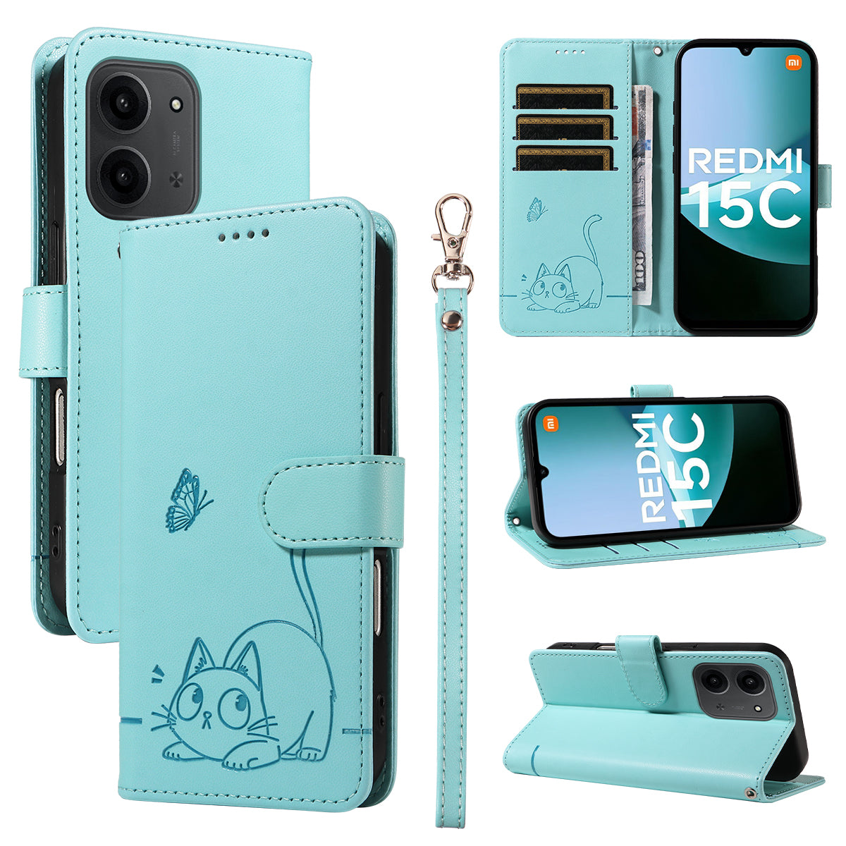 For-Xiaomi-Redmi-15C-5G-(EU)-(173mm)-/-15C-4G-(EU)-(173mm)-Case-Cat-Pattern-Imprint-Leather-Phone-Cover-with-Wrist-Strap-Green