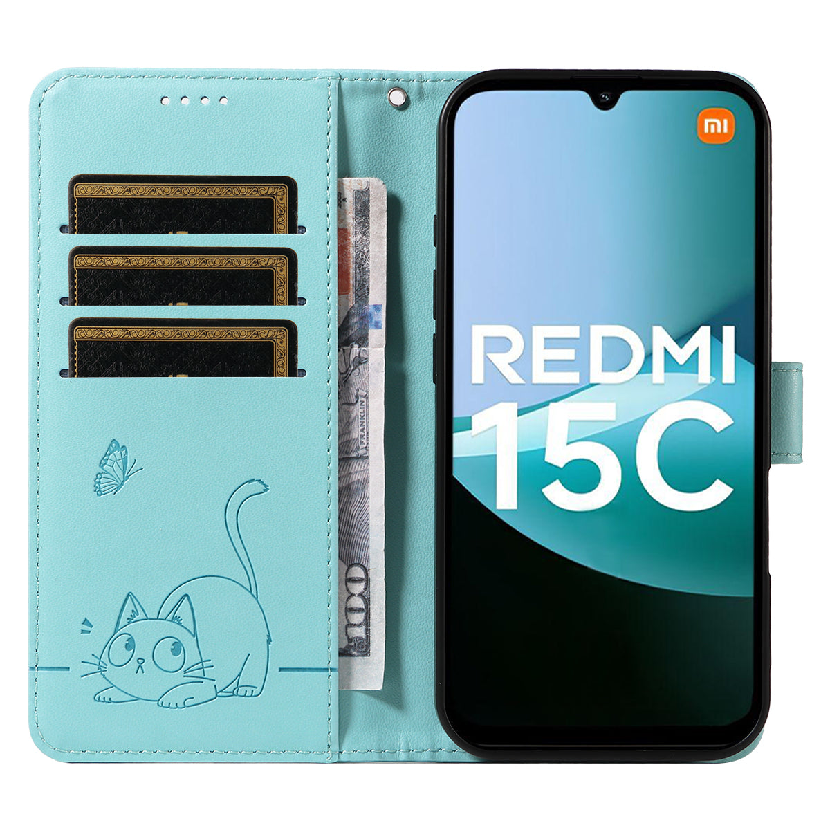 For-Xiaomi-Redmi-15C-5G-(EU)-(173mm)-/-15C-4G-(EU)-(173mm)-Case-Cat-Pattern-Imprint-Leather-Phone-Cover-with-Wrist-Strap-Green