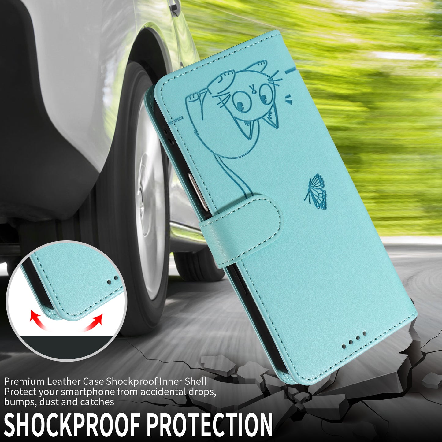 For-Xiaomi-Redmi-15C-5G-(EU)-(173mm)-/-15C-4G-(EU)-(173mm)-Case-Cat-Pattern-Imprint-Leather-Phone-Cover-with-Wrist-Strap-Green