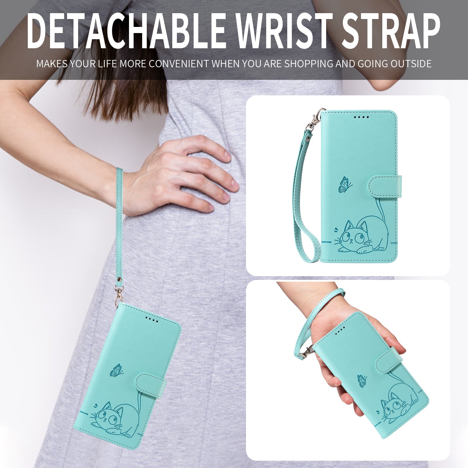 For-Xiaomi-Redmi-15C-5G-(EU)-(173mm)-/-15C-4G-(EU)-(173mm)-Case-Cat-Pattern-Imprint-Leather-Phone-Cover-with-Wrist-Strap-Green