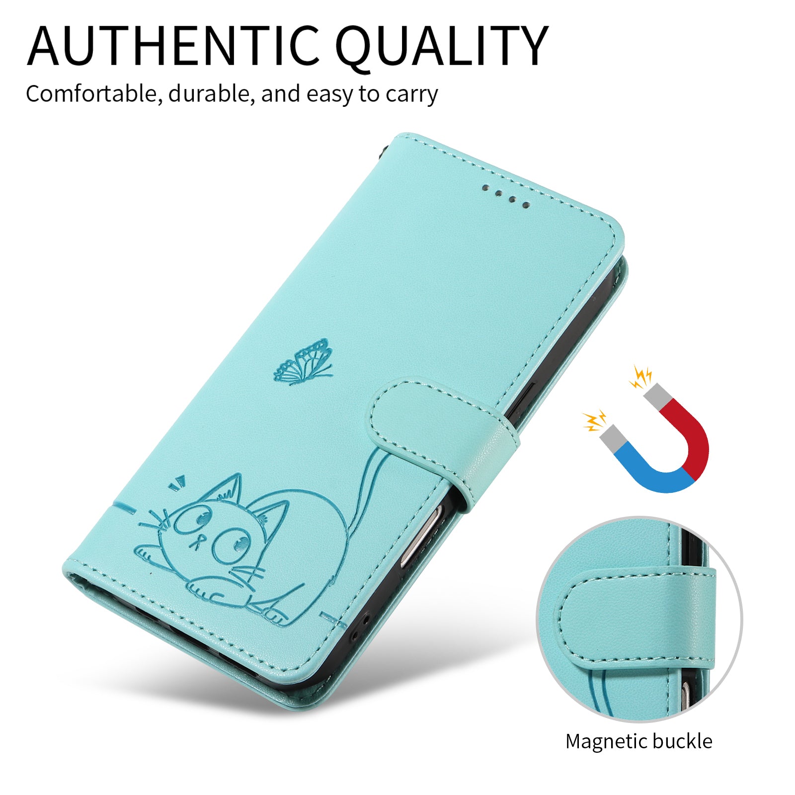 For-Xiaomi-Redmi-15C-5G-(EU)-(173mm)-/-15C-4G-(EU)-(173mm)-Case-Cat-Pattern-Imprint-Leather-Phone-Cover-with-Wrist-Strap-Green