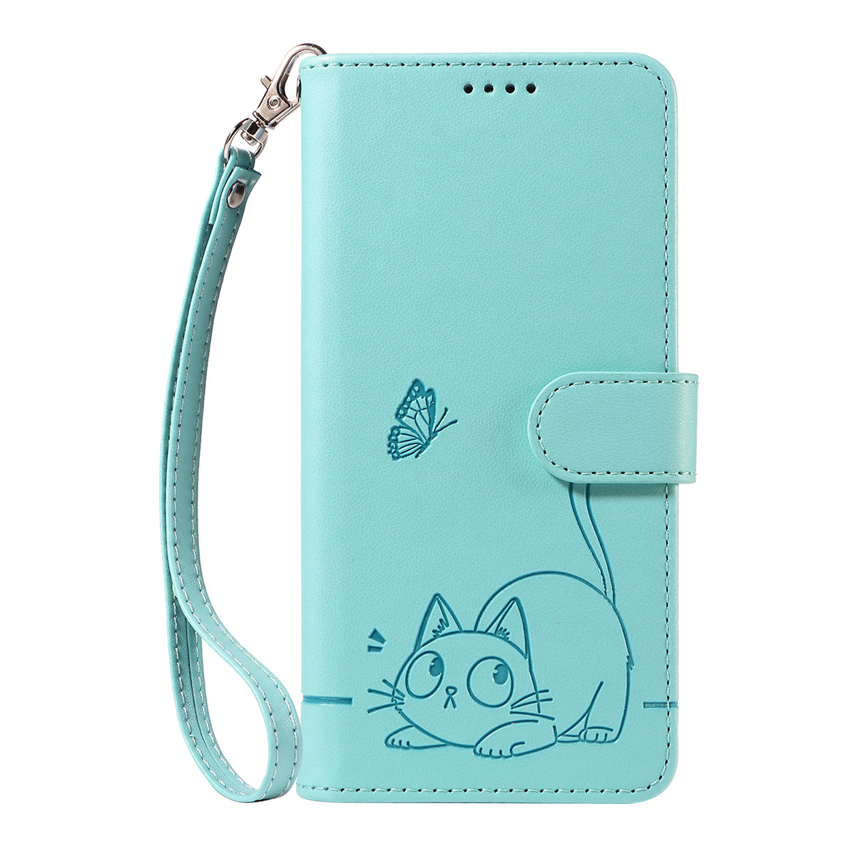 For-Xiaomi-Redmi-15C-5G-(EU)-(173mm)-/-15C-4G-(EU)-(173mm)-Case-Cat-Pattern-Imprint-Leather-Phone-Cover-with-Wrist-Strap-Green